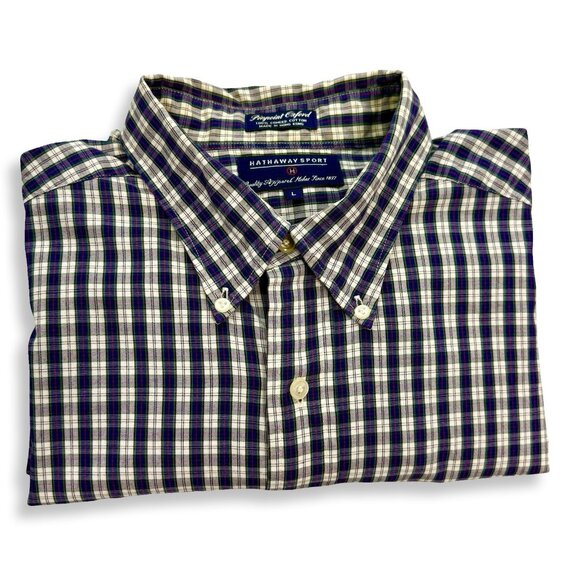 Hathaway Sport Shirt Mens Large Plaid Button Down Long Sleeve Pinpoint‎ Oxford - Picture 2 of 7